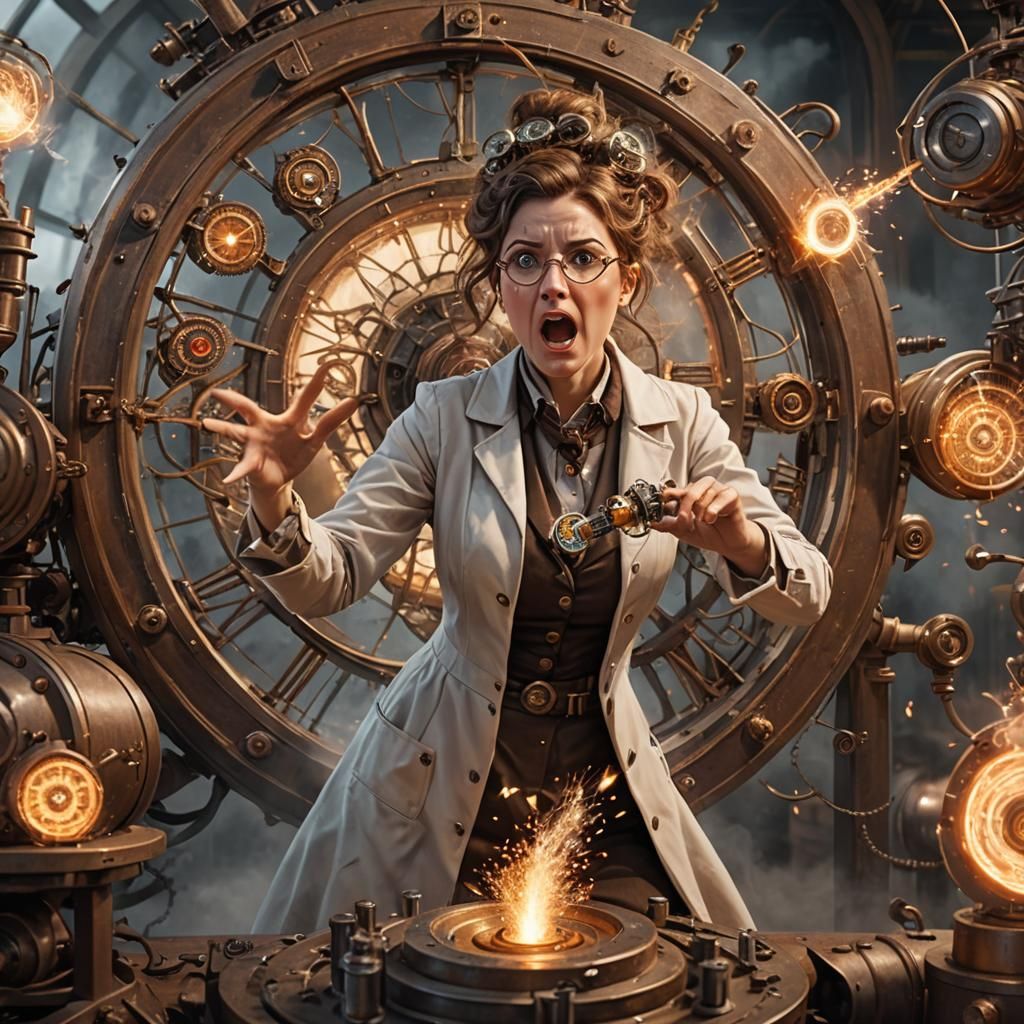 Surprised Scientist and Time Vortex in Steampunk Lab