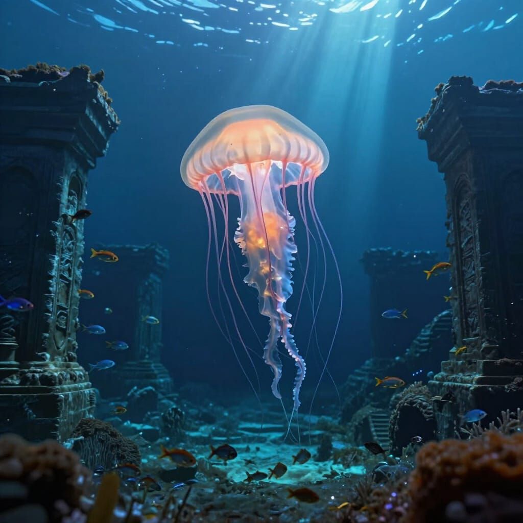 Bioluminescent Jellyfish in Sunken City Ruins