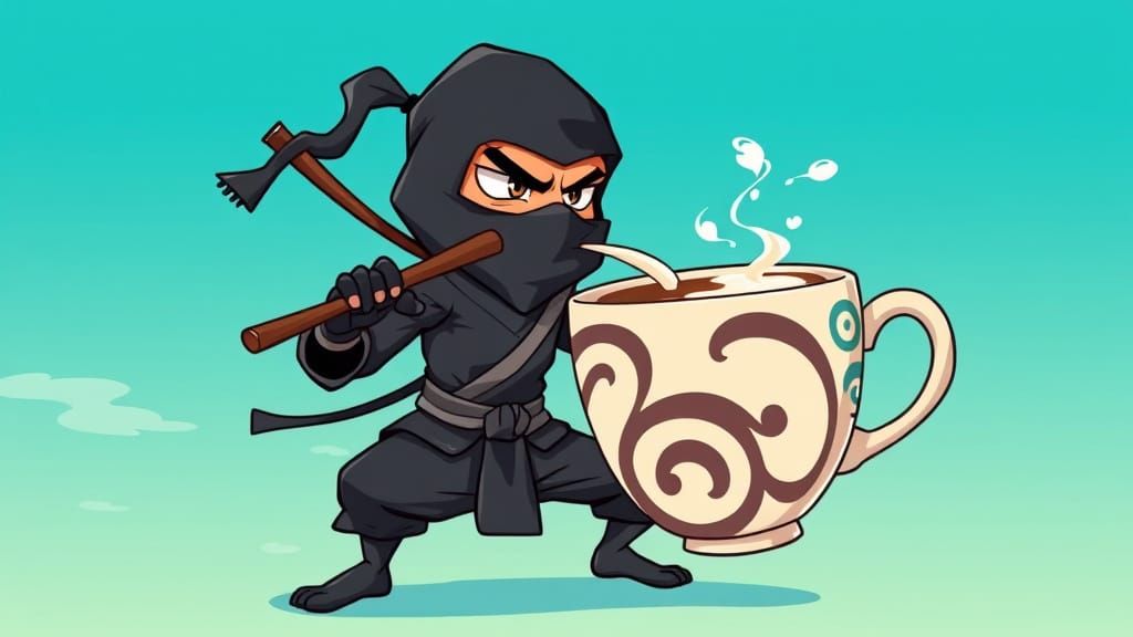 Vibrant Ninja Sips Cappuccino in Gradient Blue