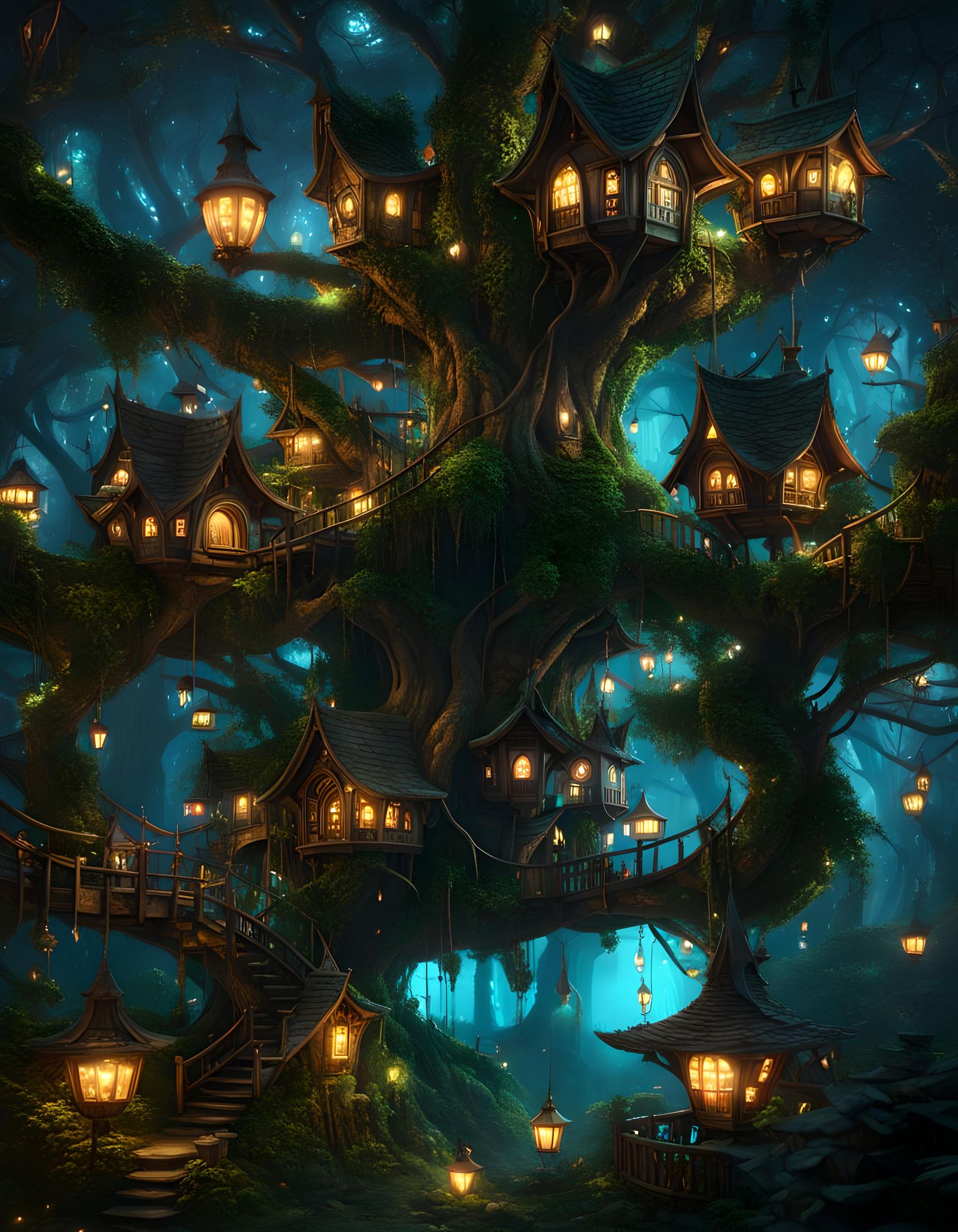 Goblincore Tree City at Night in Dark Fantasy Style