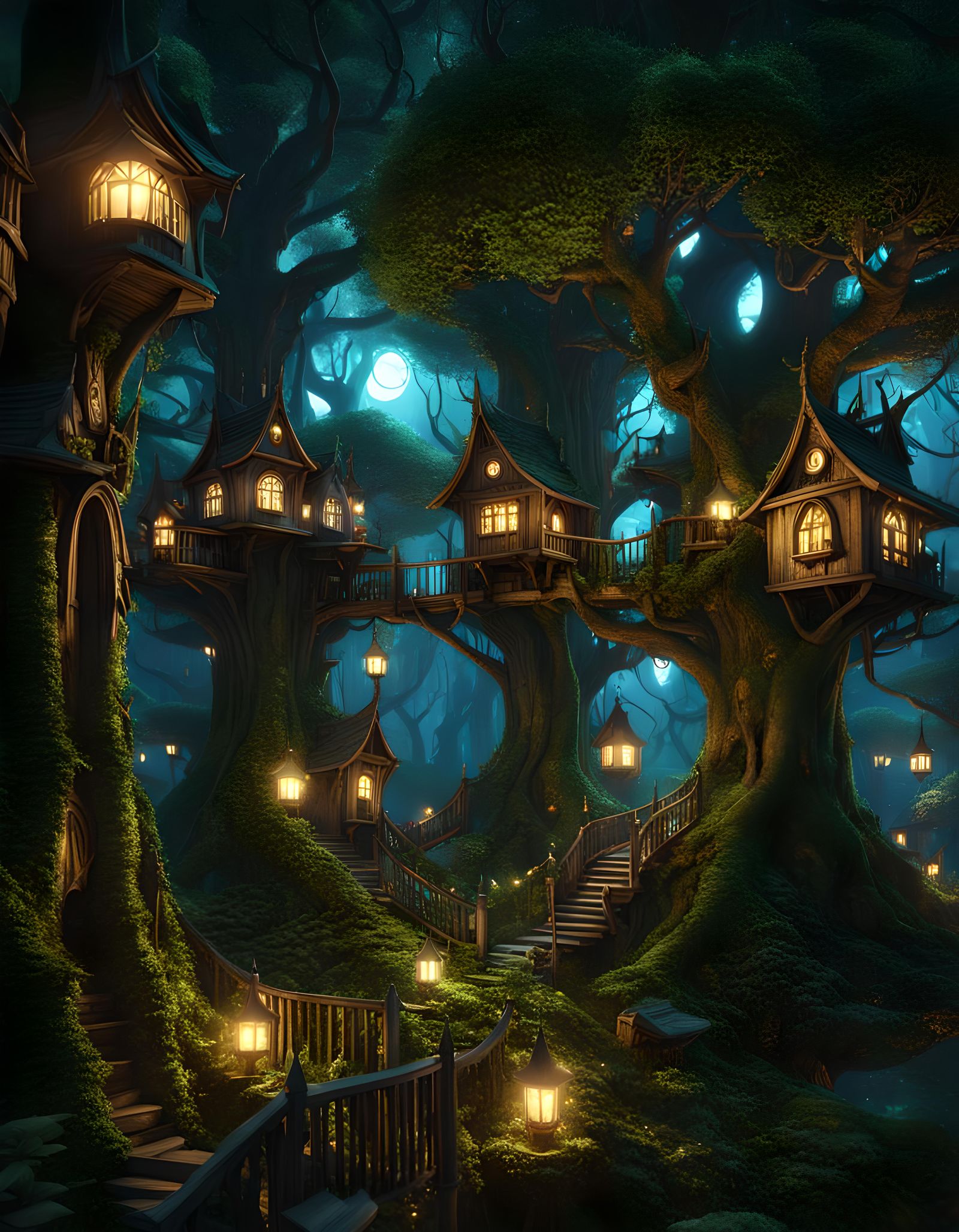 Goblincore Tree City at Night in Dark Fantasy Style