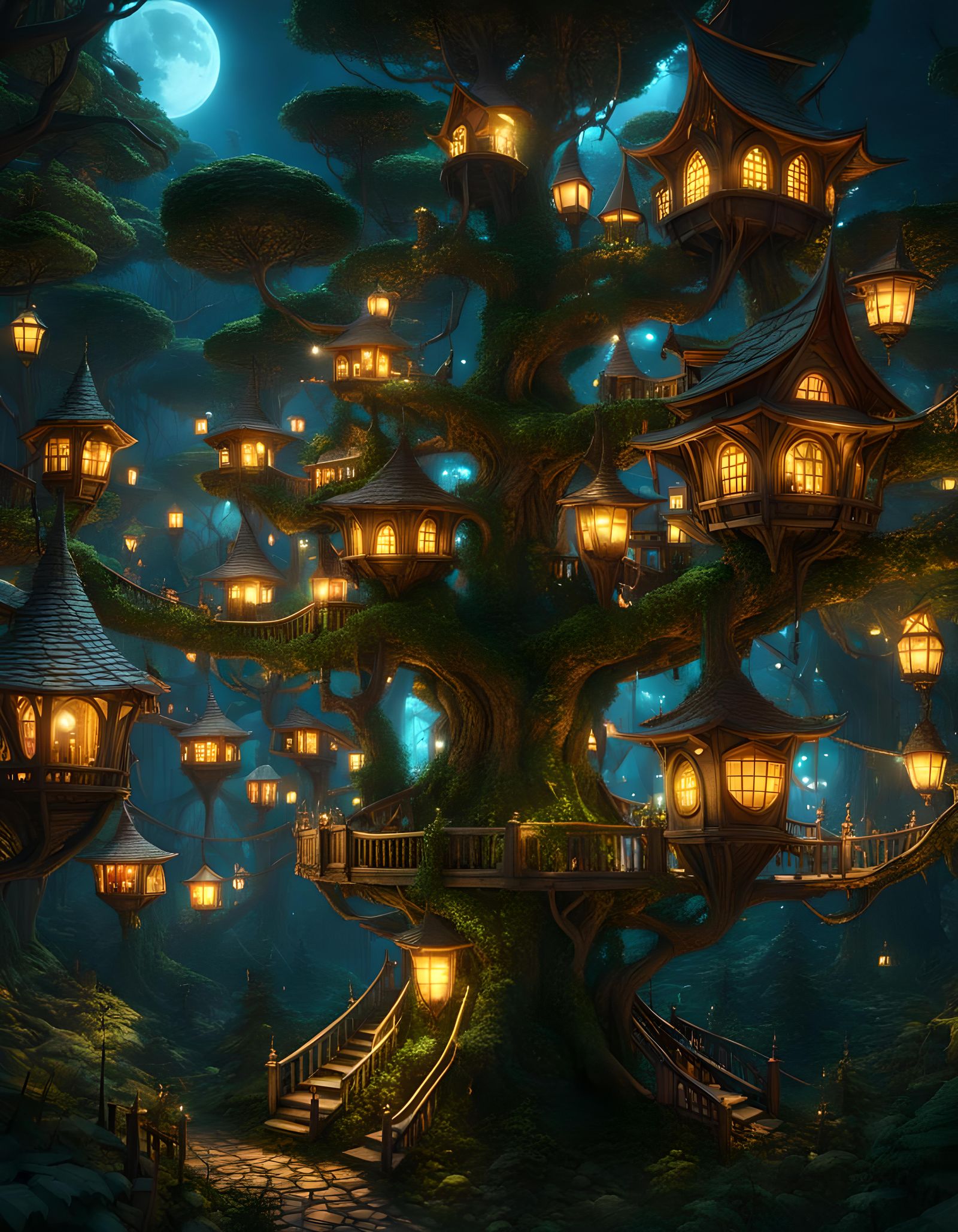 Goblincore Tree City at Night in Dark Fantasy Style