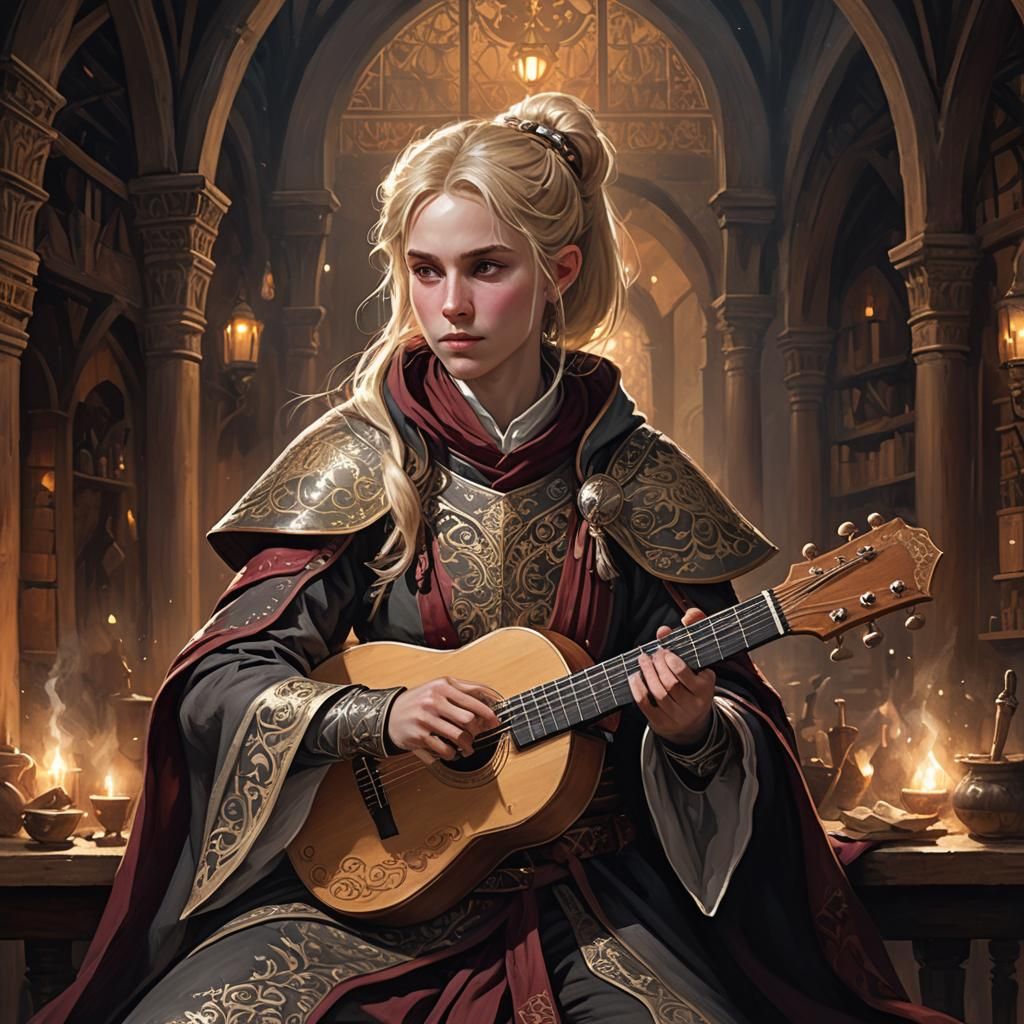 Half-Elf Bard Performing in Tavern, Dramatic Lighting