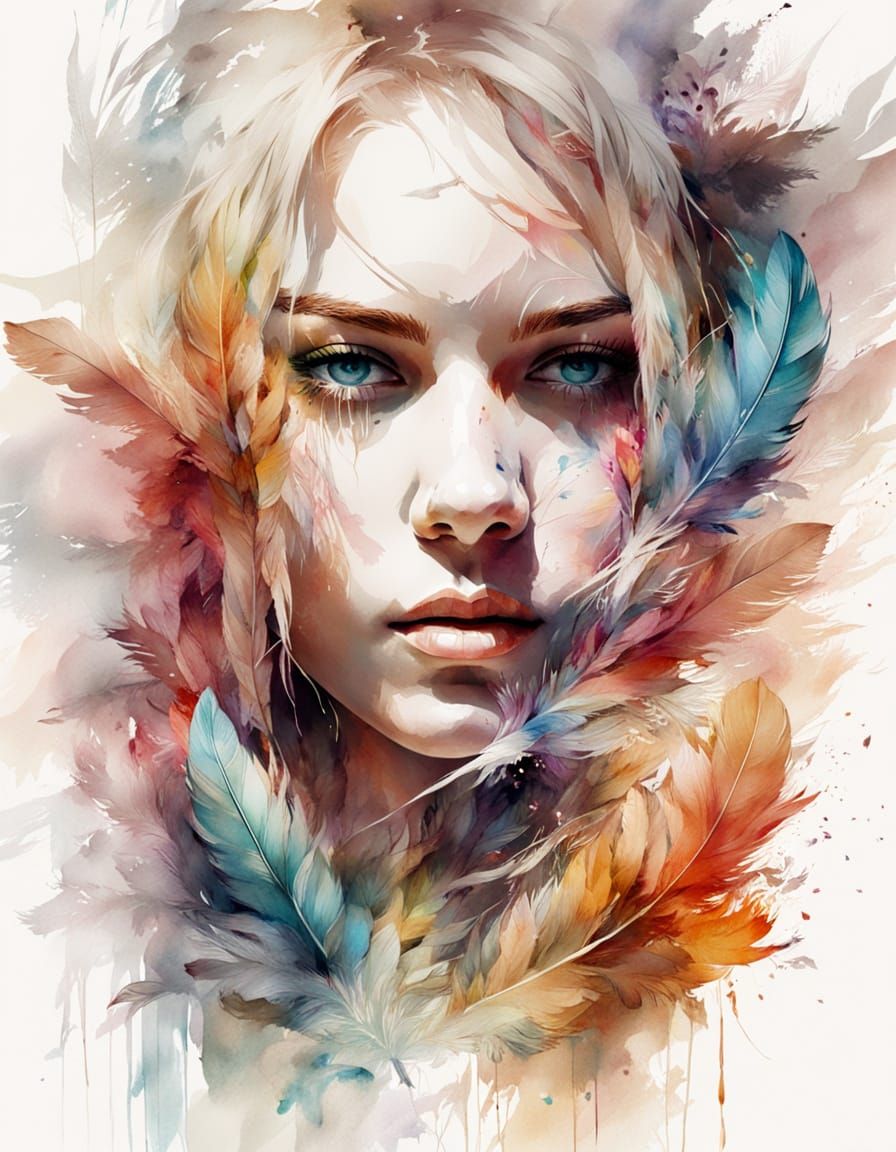 Blonde Girl in Whirling Feathers, Painted in Vibrant Waterco...