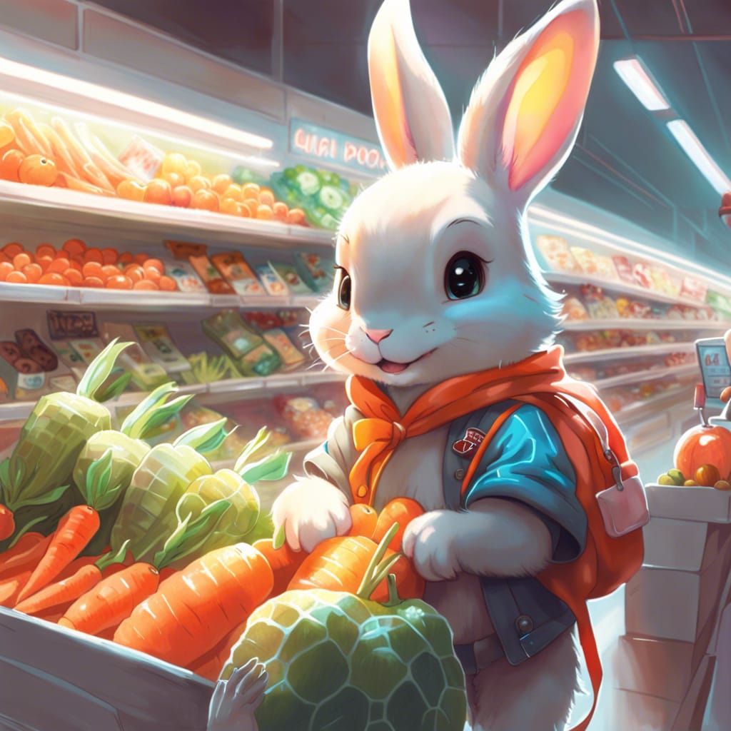 Cute Bunny Shopping at Animal Grocery Store
