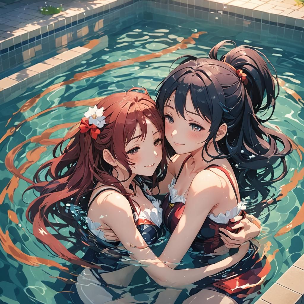 Anime Girls Hugging in Pool: Cel-Shaded Manga Art