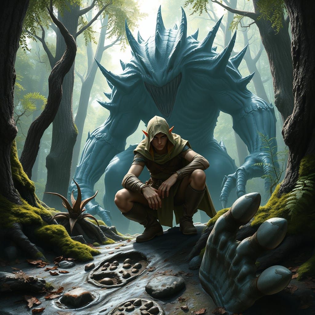 Elf Ranger Studies Monstrous Footprints Amidst Gothic Landsc...