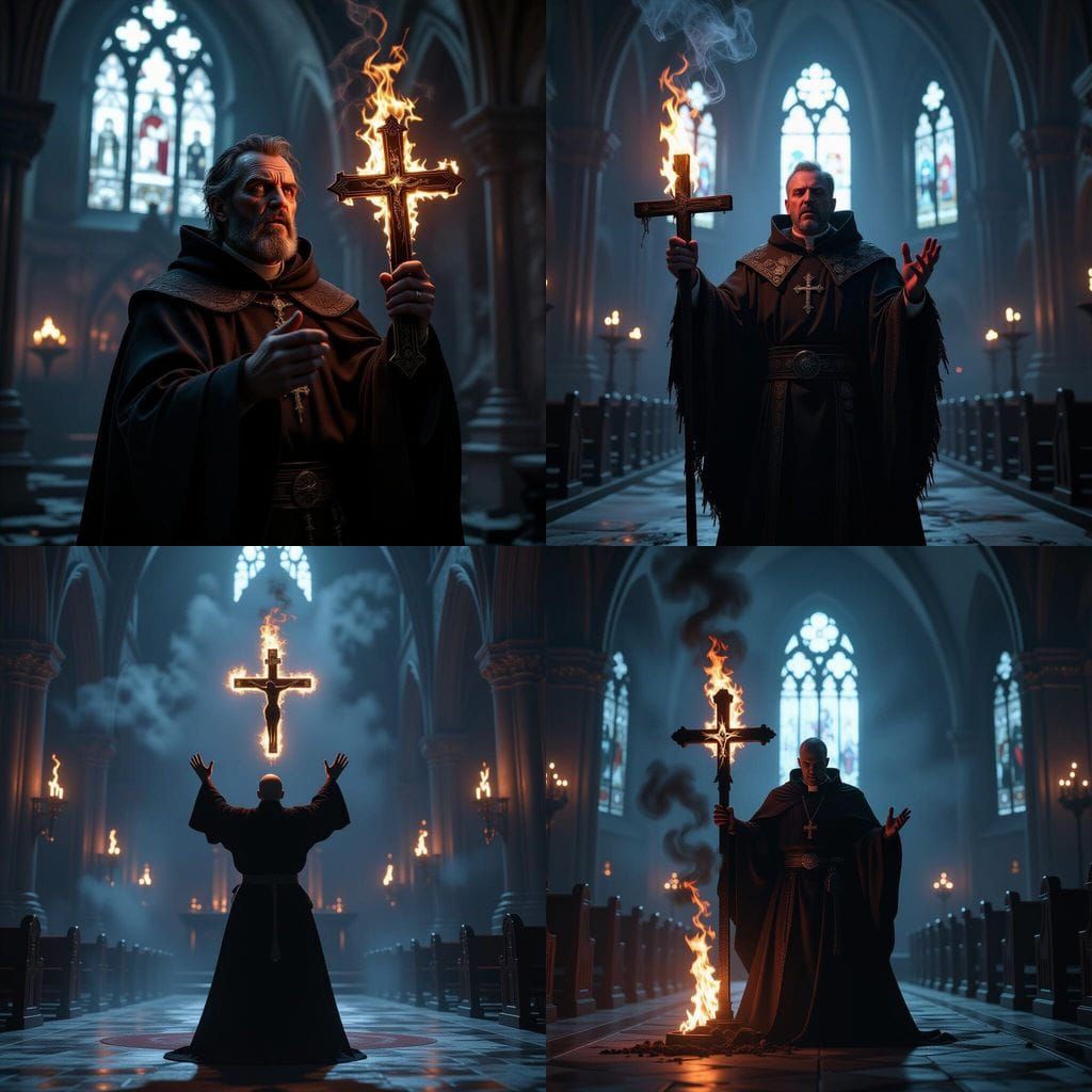 Possessed Priest Holds Burning Cross in Gothic Church