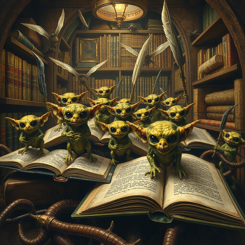 Gremlins Wage War in Gothic Library, Bosch Style