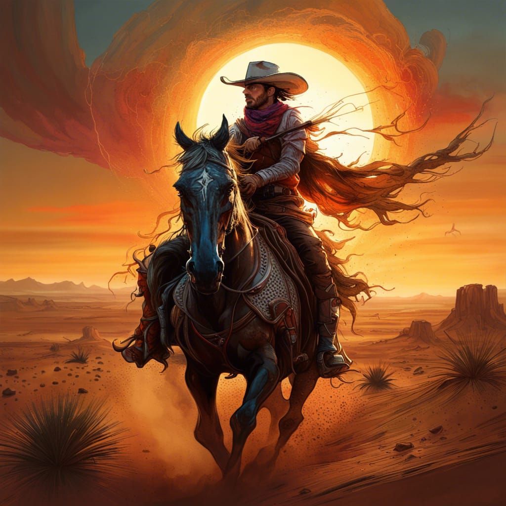 Cowboy's Desert Quest: Fantasycore Sunset Portrait