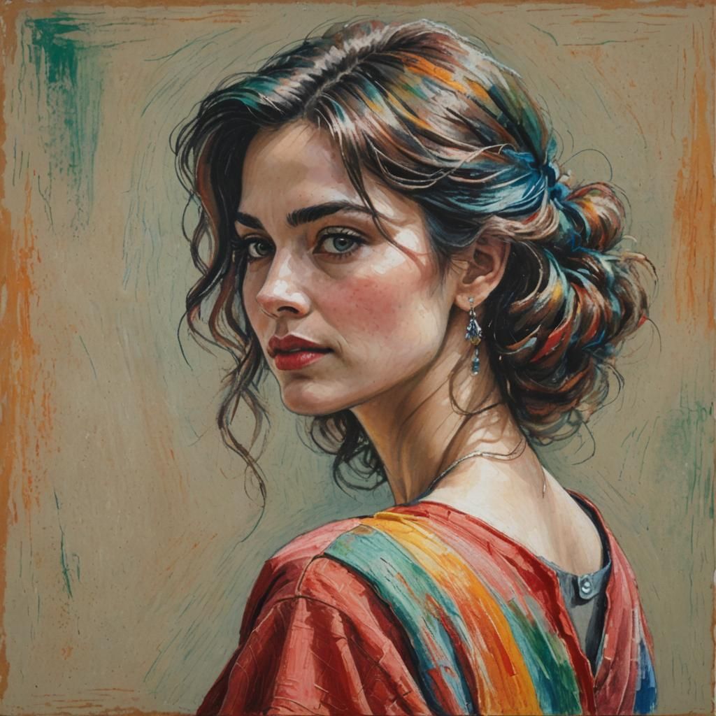Demure Woman in Oil Pastel Painting