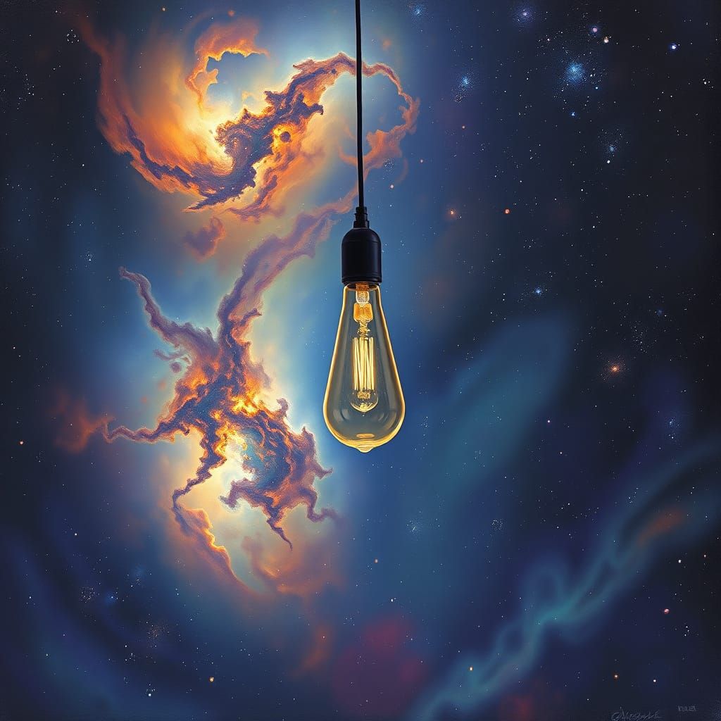 Ikea Lamp Floating in Cosmic Nebula Oil Painting