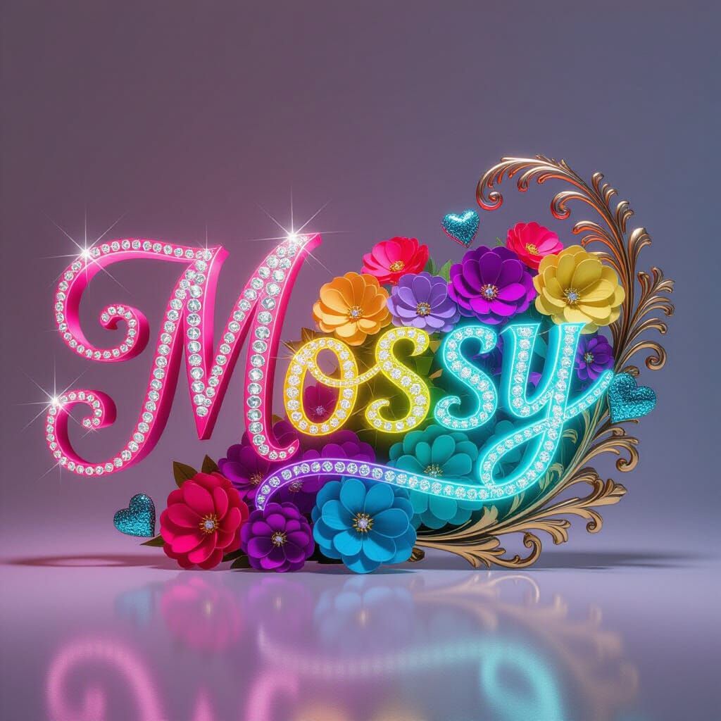 Ornate "Mossy" Text with Gemstones and Flowers