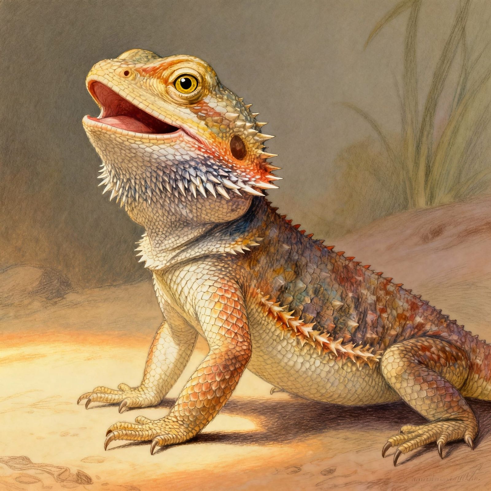 Bearded Dragon Smiling Joyfully in Detailed Illustration