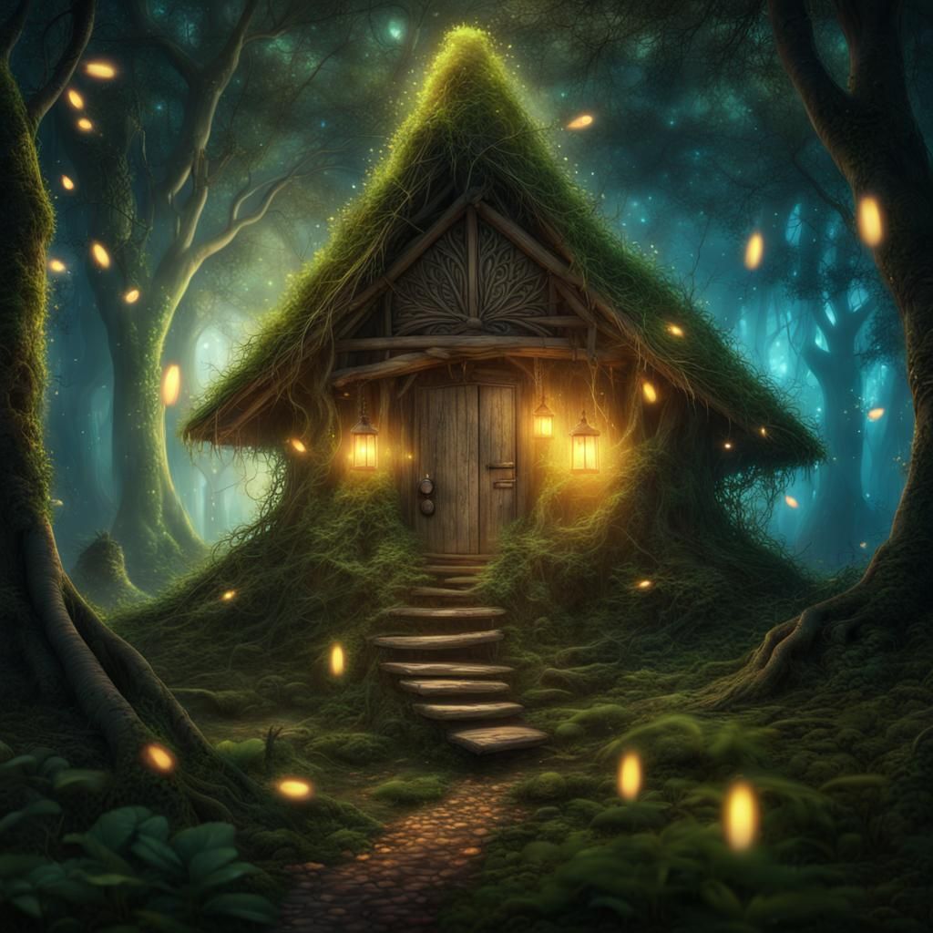 Enchanted Forest Hut with Fireflies: Mystical Digital Painti...