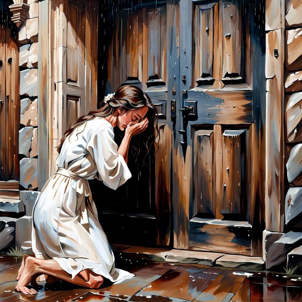 Crying Woman at Doorway: Impressionistic Oil Painting
