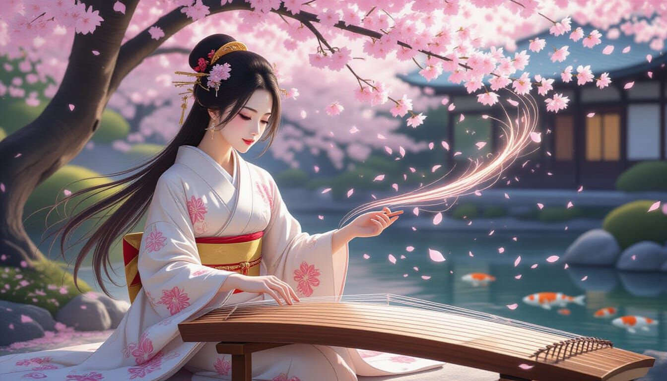 Japanese Woman Plays Koto Under Cherry Blossoms