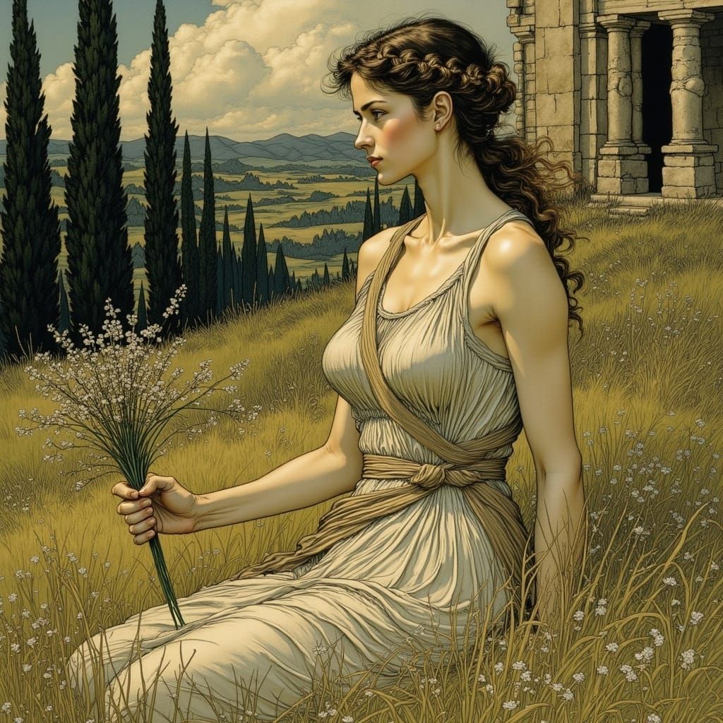 Greek Maiden Gathering Flowers by Temple Illustration