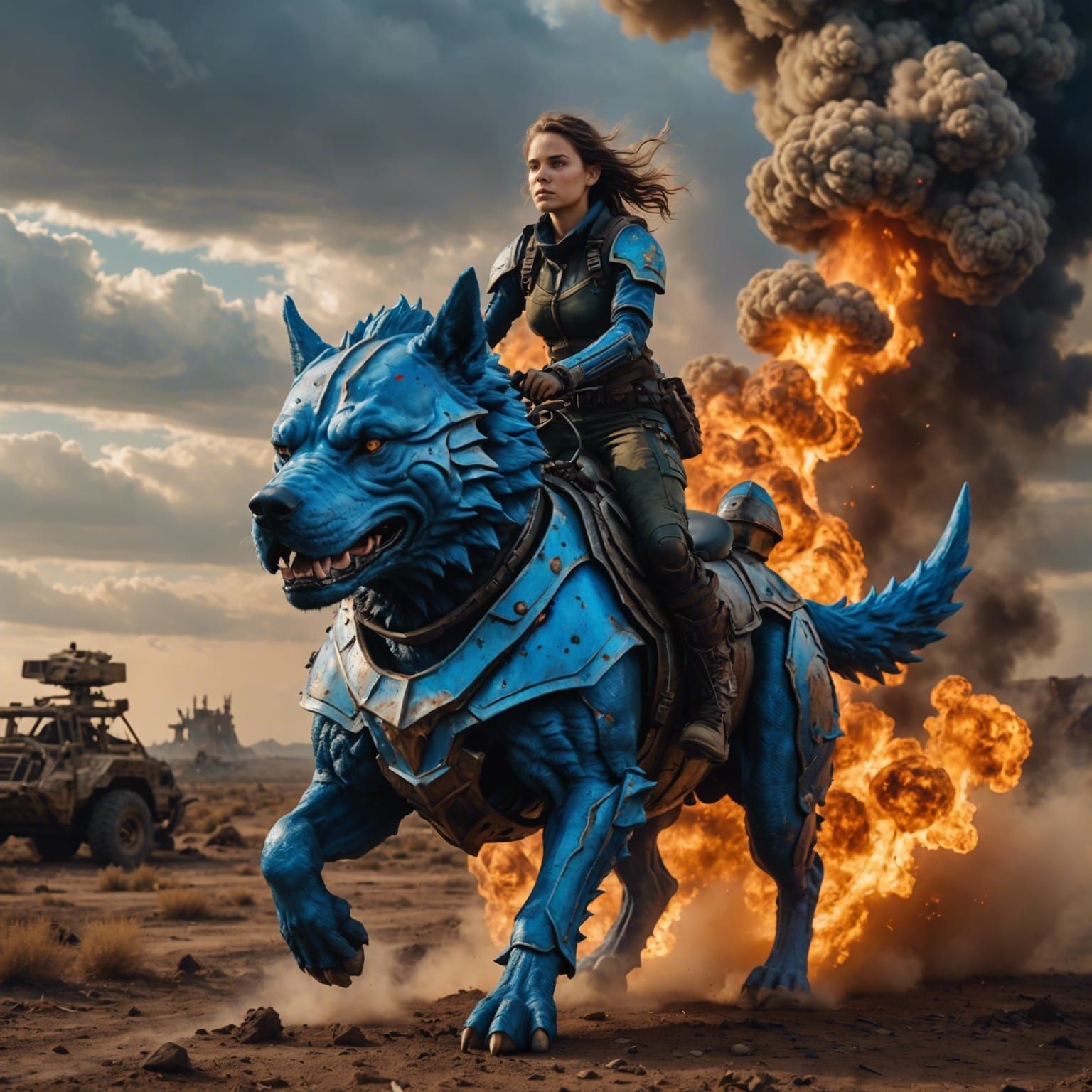 Girl Rides Armored Dog in Wasteland Apocalypse