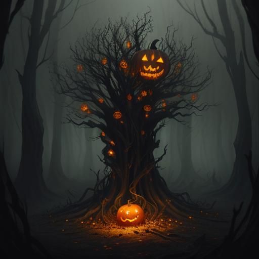 Menacing Jack-O-Lantern in Dark Fantasy Forest