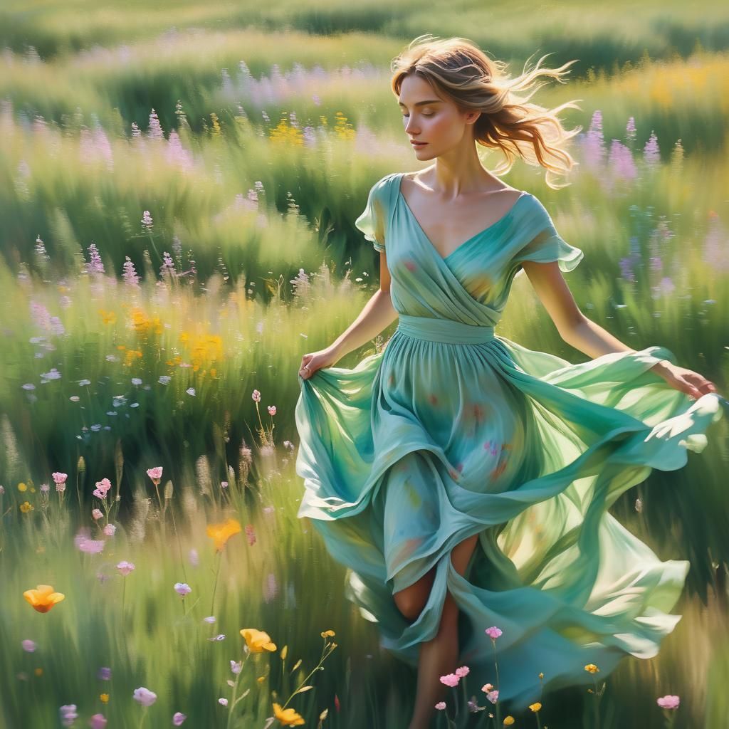 Model in Grecian Dress Running Through Wildflowers
