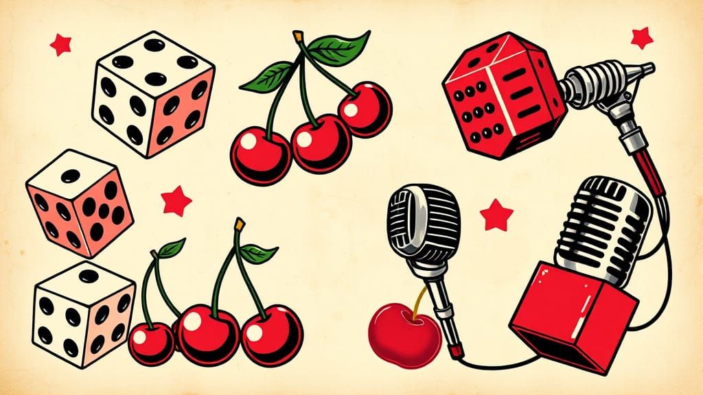 Rockabilly Tattoo Flash Sheet with Dice, Cherries and Mics