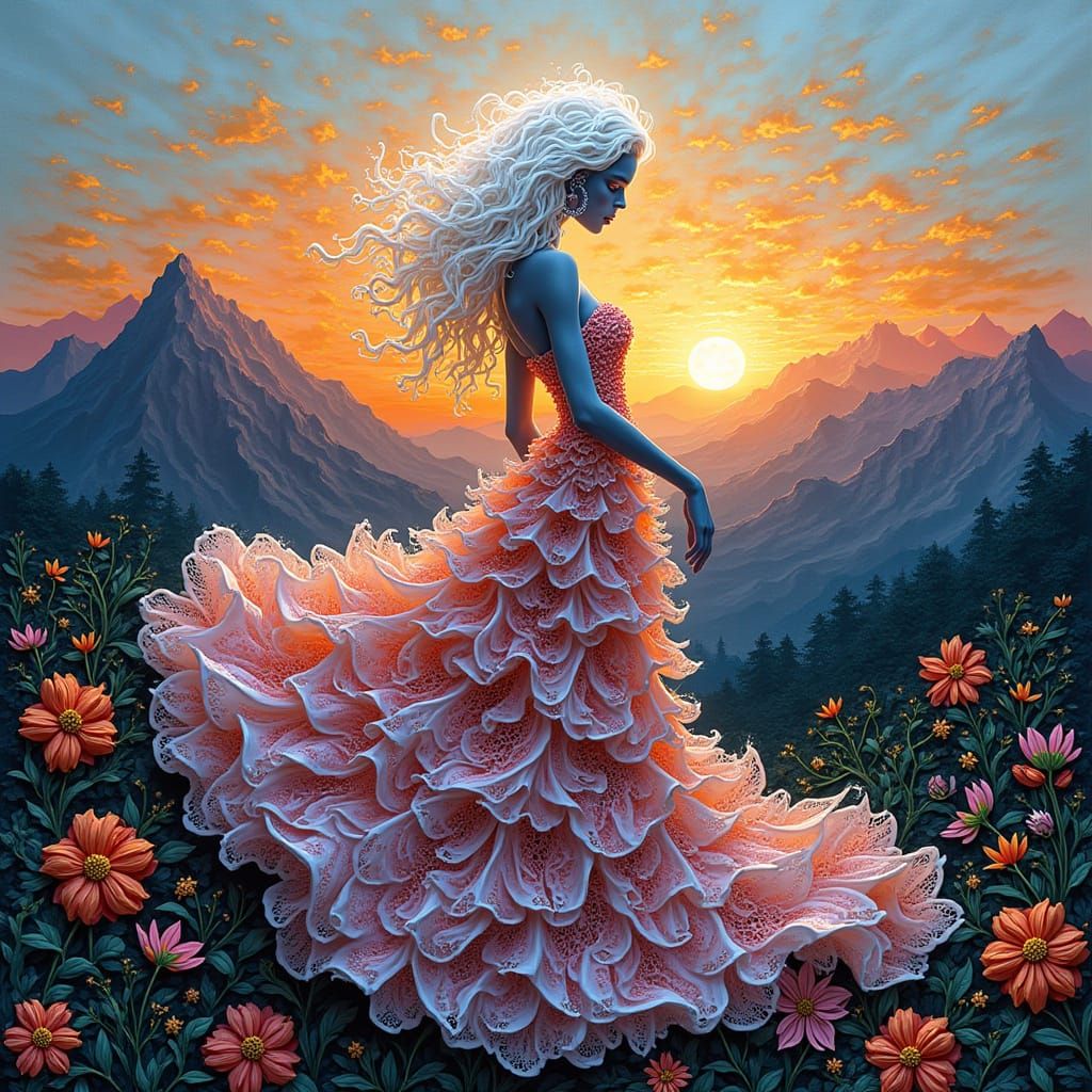 Resin Wire Art: Woman in Elaborate Gown at Sunrise