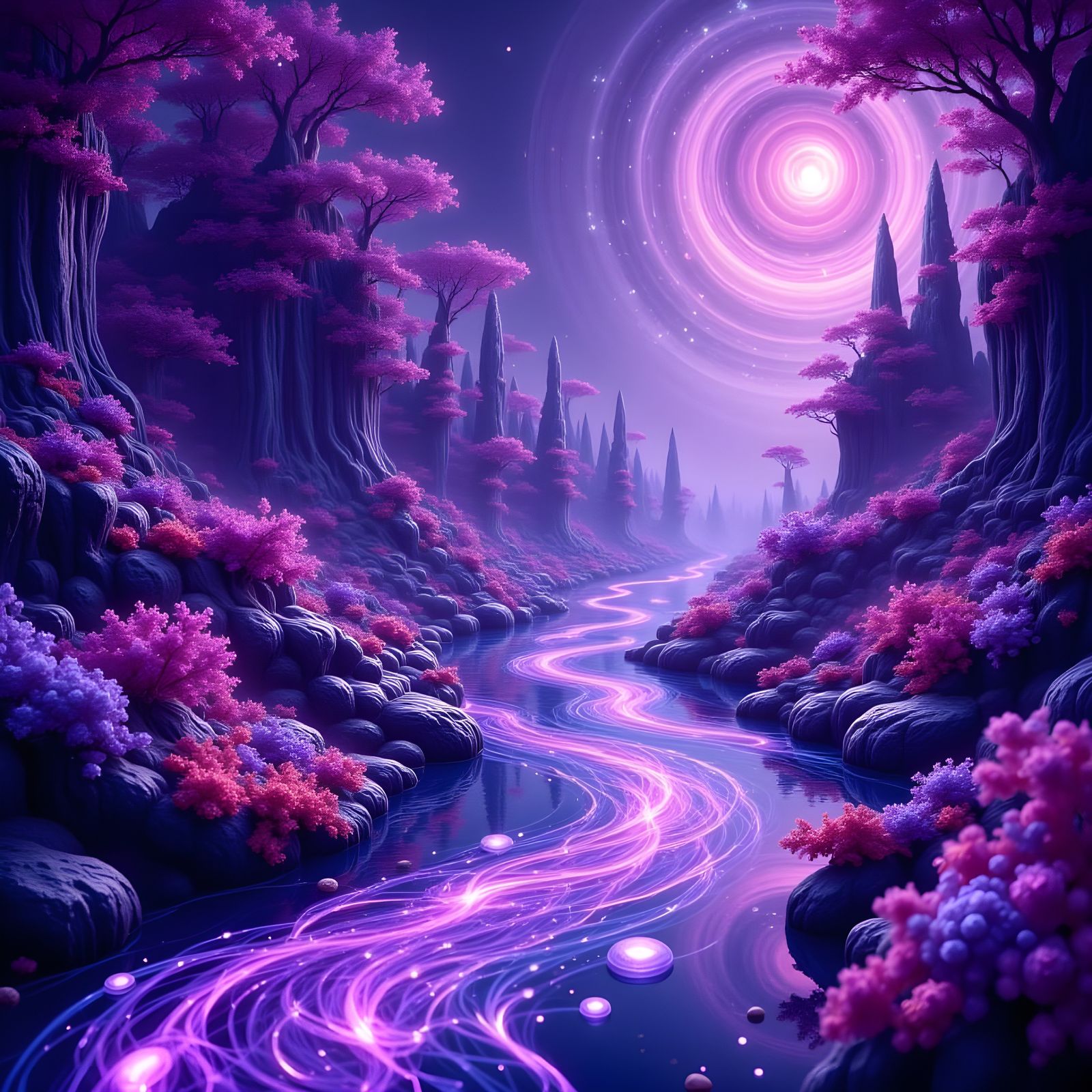 Ernst Haeckel and Refik Anadol Style Purple Landscape