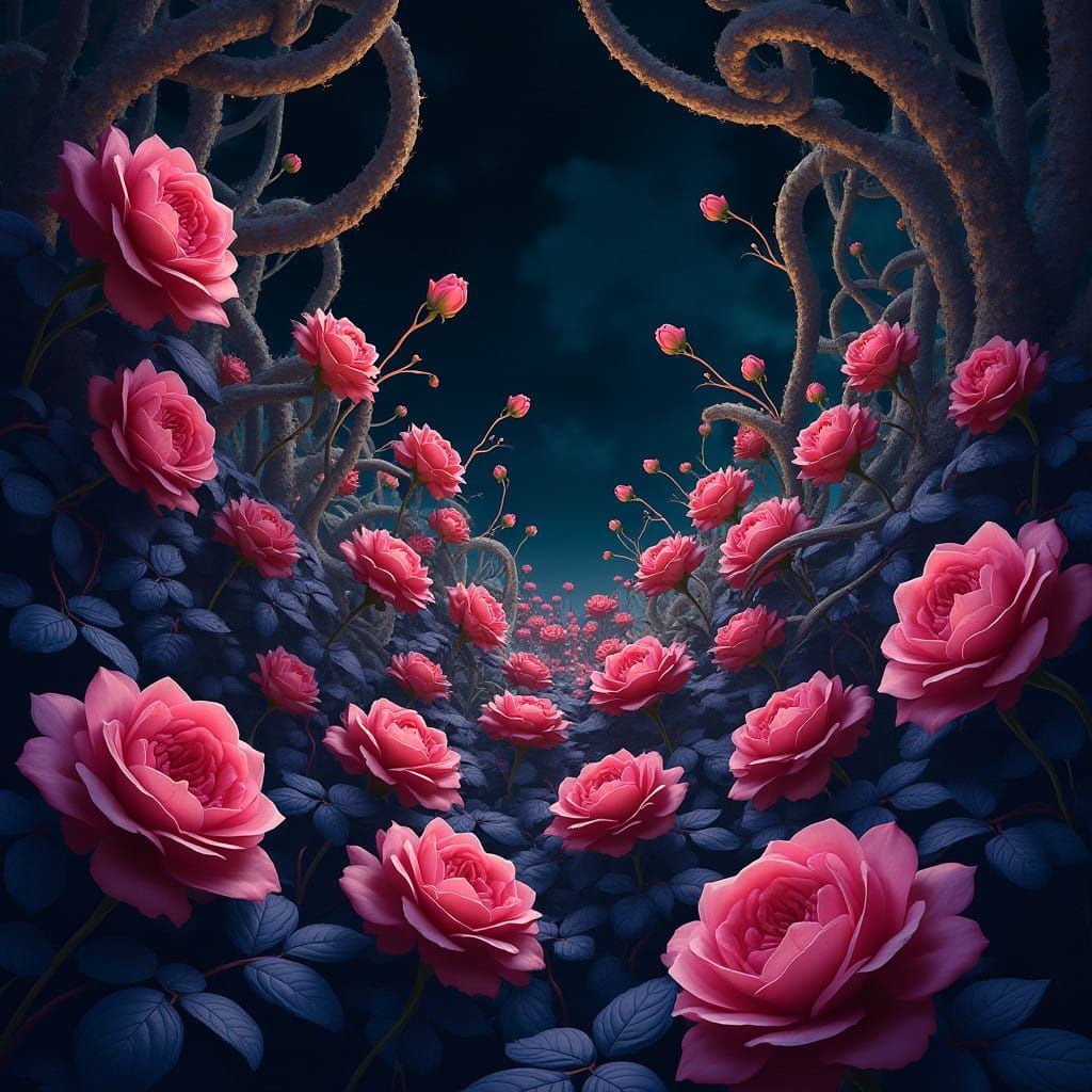 Dreamlike Rose Garden in Midnight Bloom