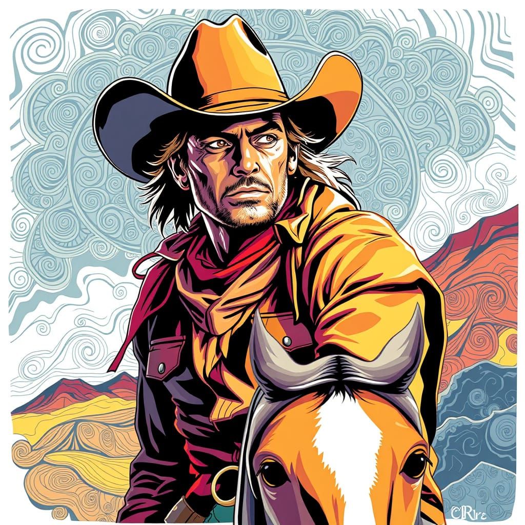 Western Cowboy Portrait in Abstract Fractal Vector Style