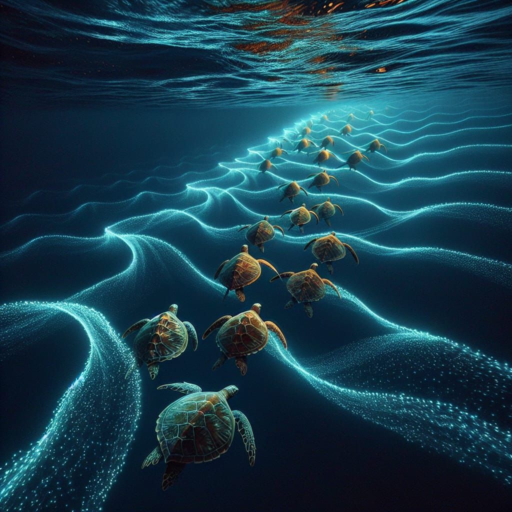 Sea Turtles Swimming in Bioluminescent Gulf Stream