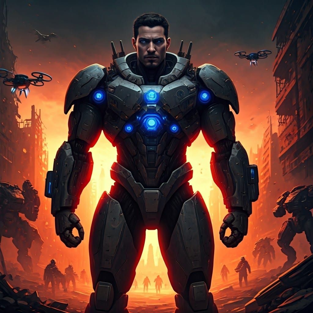 Robotic Hero in Dystopian Cityscape Digital Painting