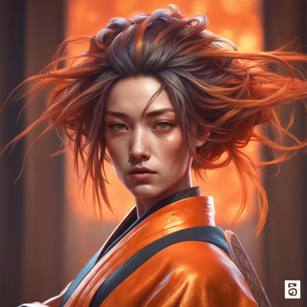 Orange Haired Samurai Portrait in Digital Art Style