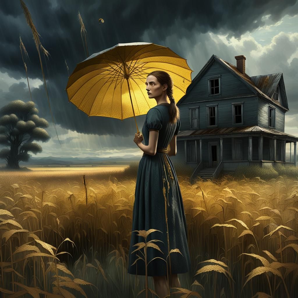 Woman with Gold Umbrella in Flemish Art Style