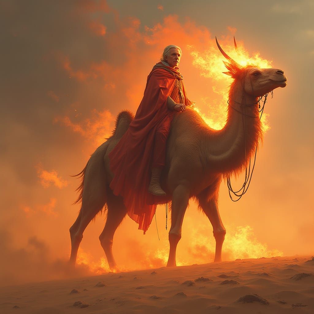 A Majestic Camel Tames Flames in a Blazing Desert Landscape
