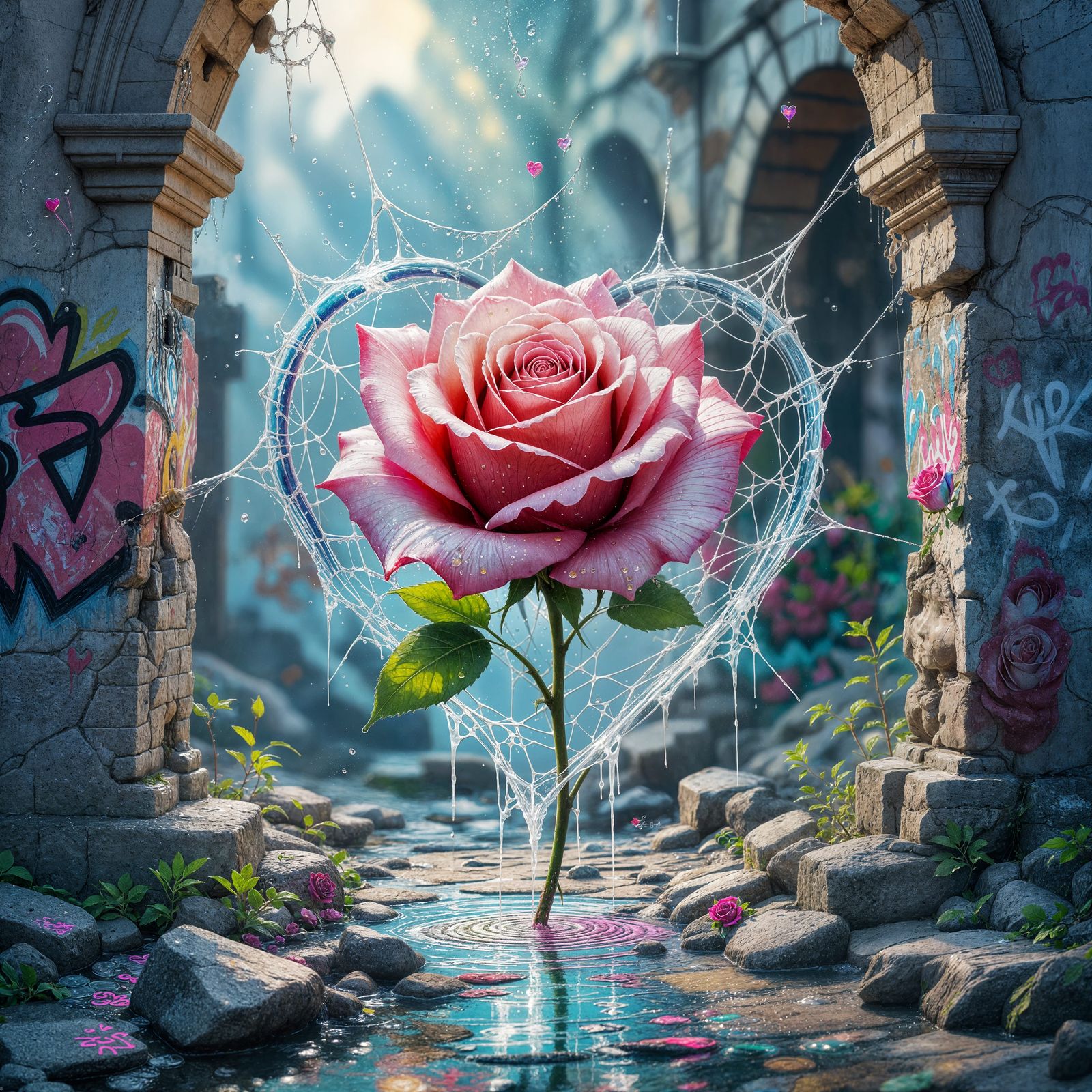 Water Droplet Rose Amidst Ancient Ruins