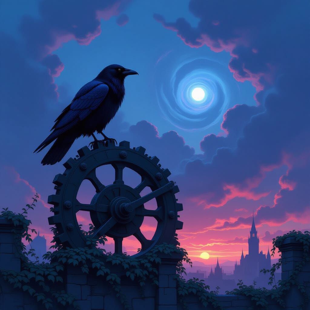 Raven on Clockwork Gear Under Nebula Sky