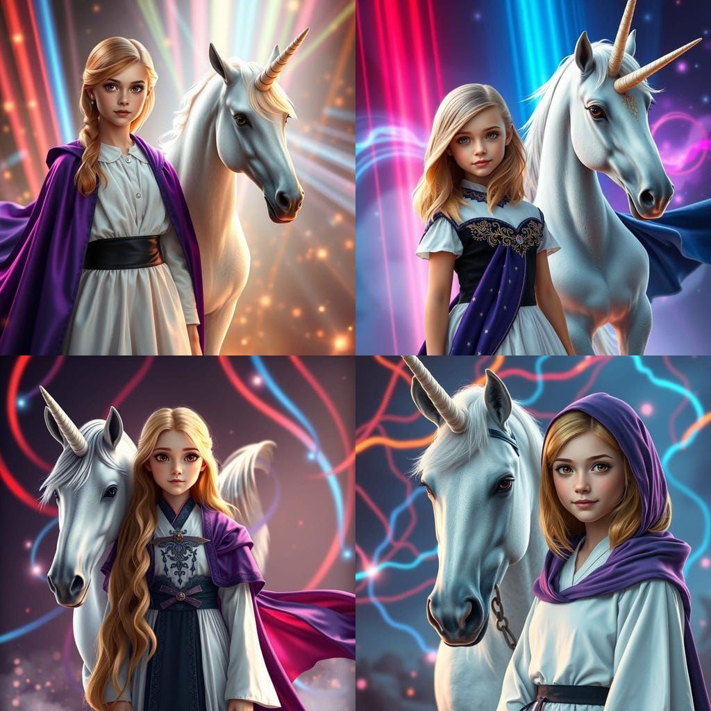 Magical Schoolgirl and Unicorn in Vibrant Fantasy Landscape