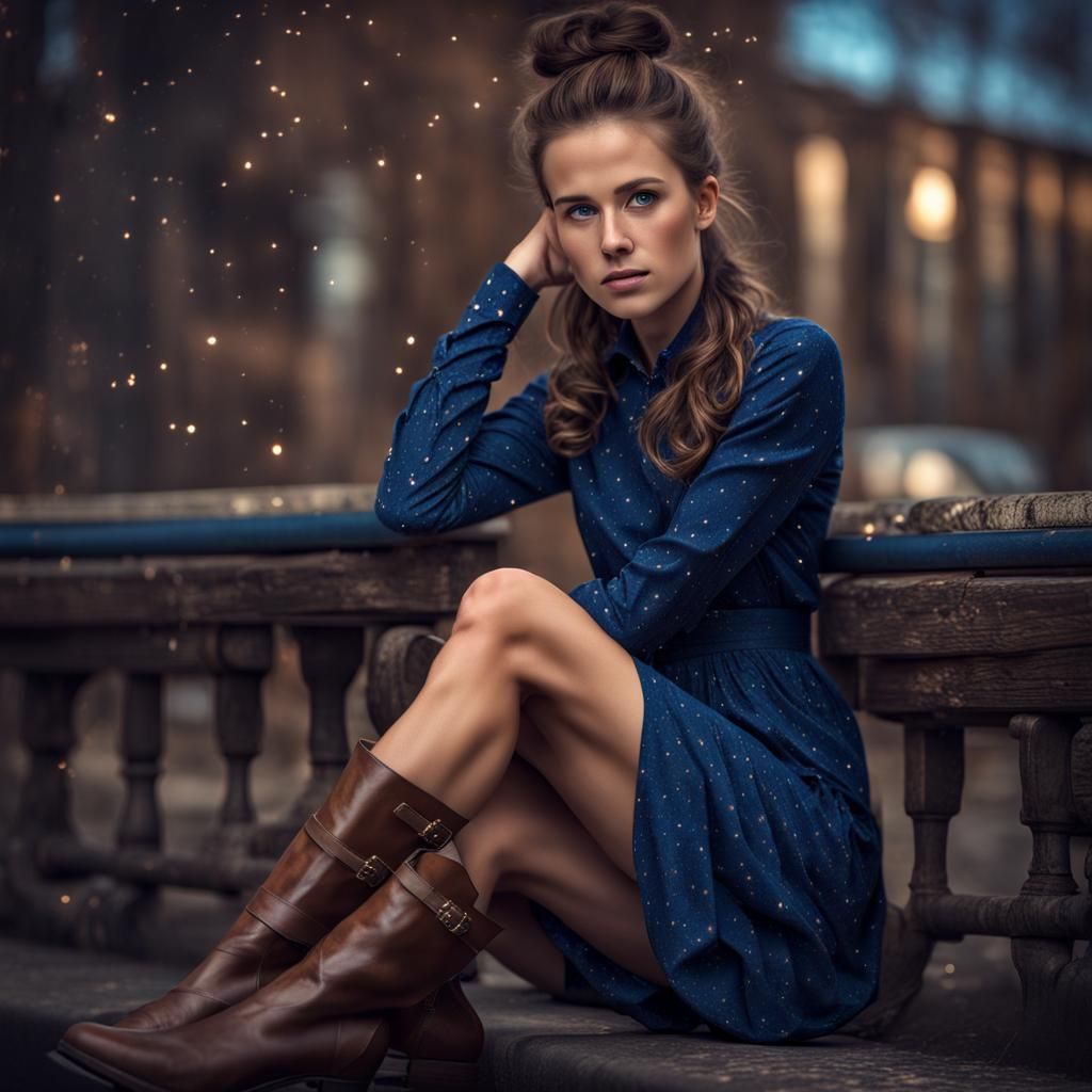 Woman in Blue Dress with Star Belt, Hyperrealistic