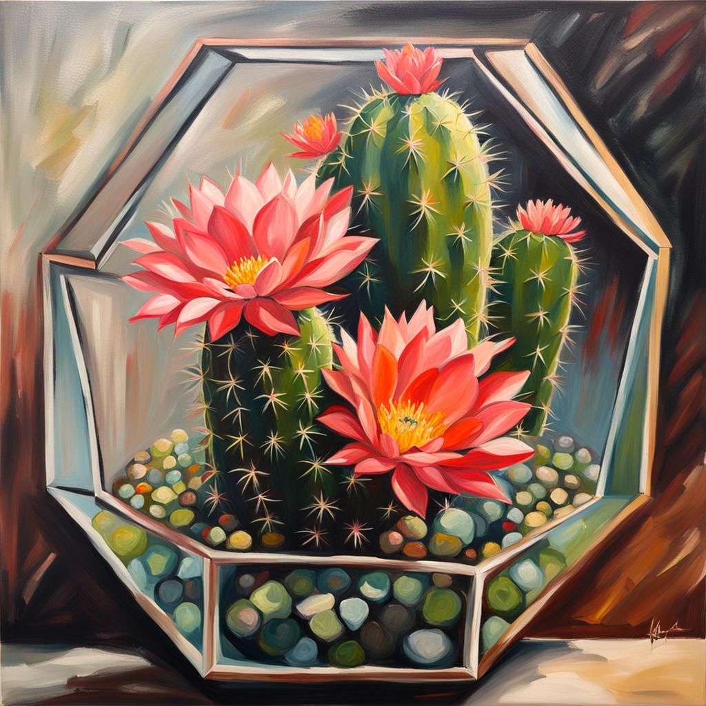 Blooming Cactus in Terrarium Oil Painting