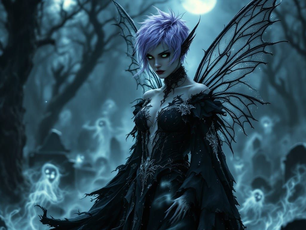 Gothic Fairy Stands Defiant in Moonlit Graveyard