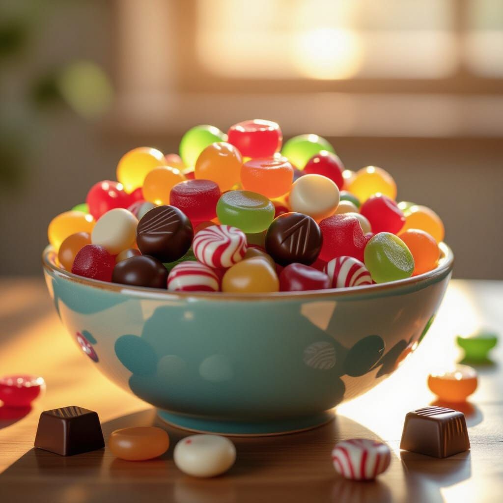 Overflowing Bowl of Colorful Candies in Hyperrealistic Style
