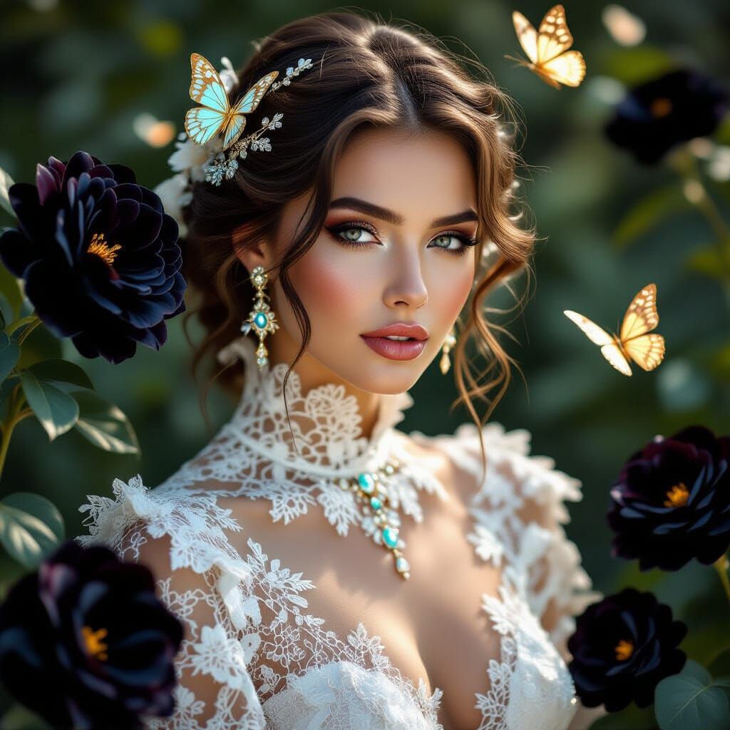 Photorealistic Woman in Fractal Lace and Liquid Light Butter...