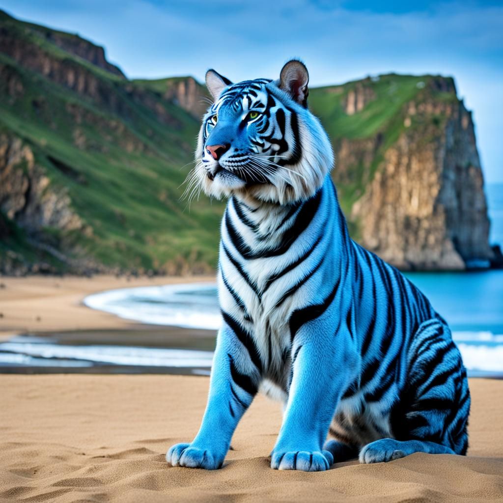 Blue Tiger Hunting Rabbit on a Beach