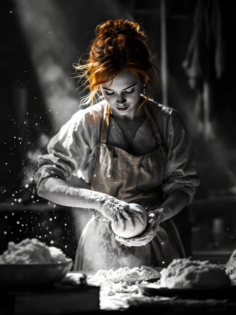Redhead Baker Kneading Dough in Dramatic Film Noir Style