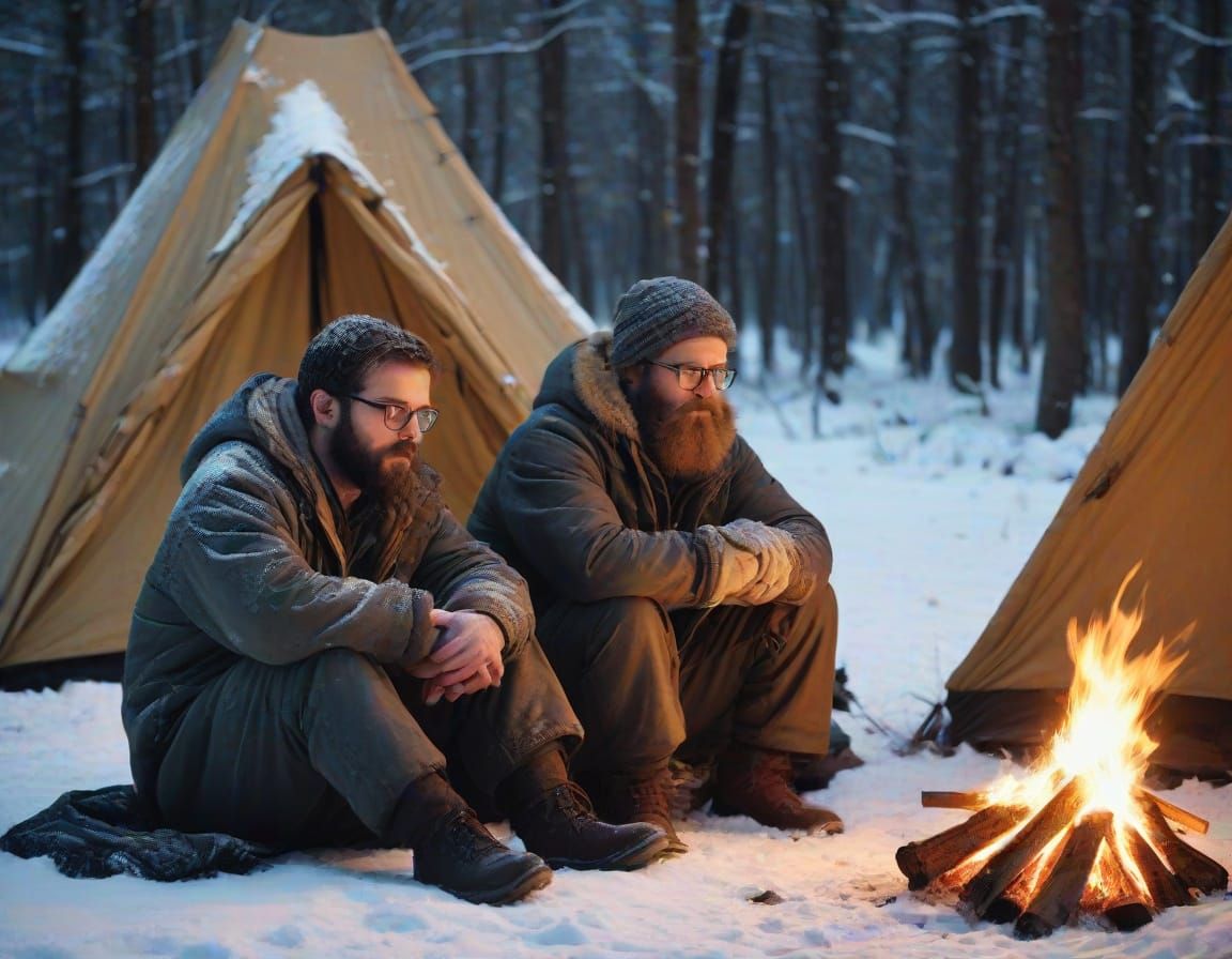 Two Men Suffering in the Cold Winter Landscape