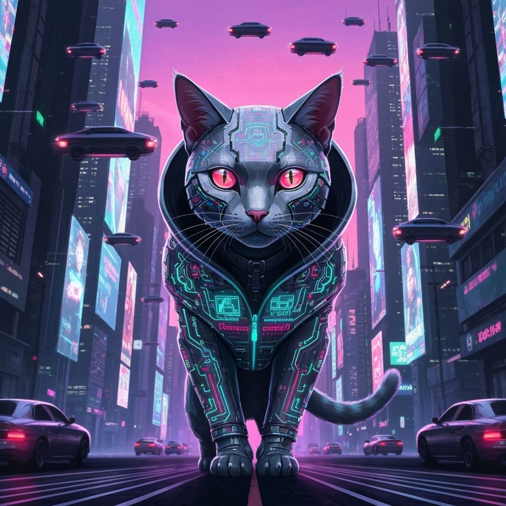 Cyberpunk Ethereum Crystal Cat in Dystopian City