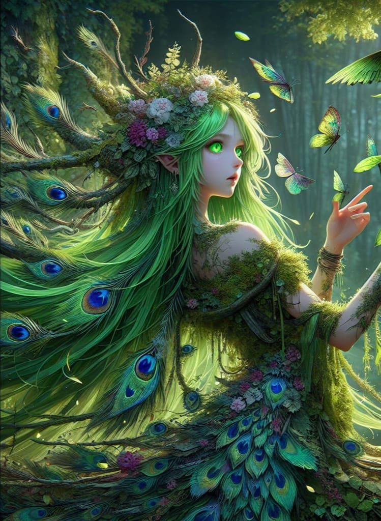 Fantasy Dryad Girl with Peacock Wings Digital Art