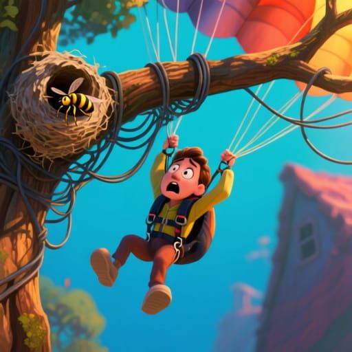 Cartoon Parachutist Dangling in Tree with Wasp Nest
