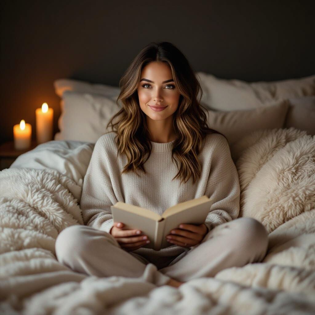 Cozy Bedroom Scene With Woman Reading by Candlelight